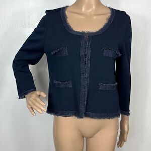 Marella Navy Blue Linen Blend Jersey Crop Blazer Jacket Size M